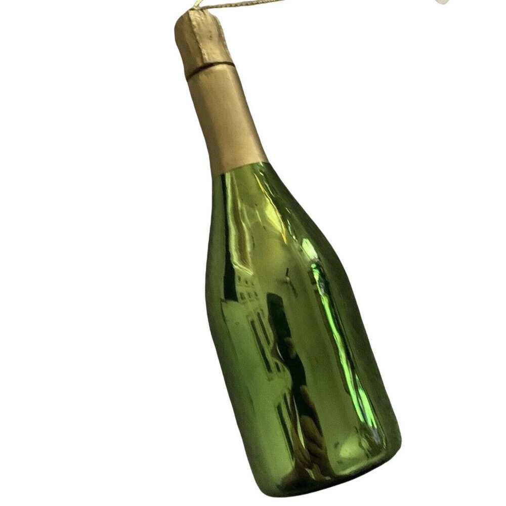 West Elm Ornament Glass Champagne Bottle Green Gold Christmas